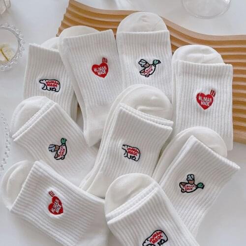 Cartoon Japan Fashion Embroidered White Human Socks Lovely Little Flying Duck Love Heart Polar Pear Hamburger Burger Pig CN Made
