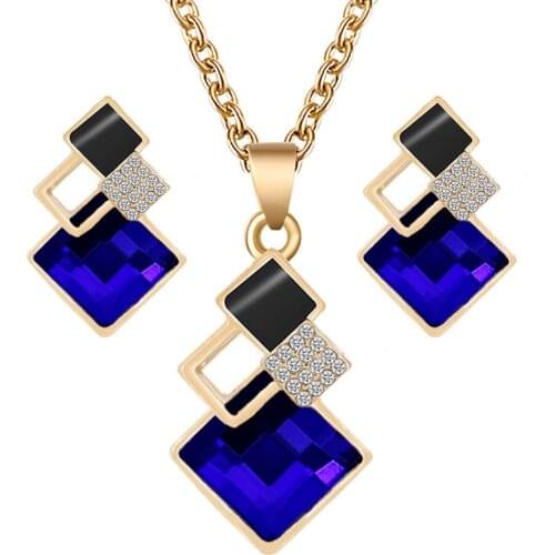 Crystal Geometric Pendants Necklace Earrings Sets for Women Fashion Jewelry Set Bridal Wedding Earring Necklace Set