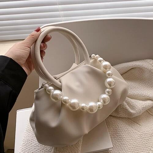 Solid color Pleated Pearl Tote bag 2021 Summer New PU Leather Womens Designer Handbag Luxury brand Small Shoulder Messenger Bag