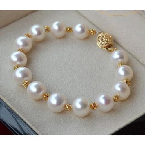 HUGE NATURAL 10-11MM ROUND SOUTH SEA GENUINE WHITE PEARL BRACELET GOLD CLASP