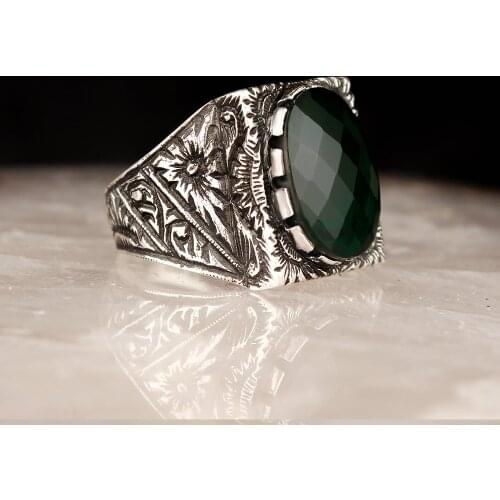 Zircon 925 Silver Engraved Traditional Handmade Turkish Signet Ring Jewelry Gift for Women Men