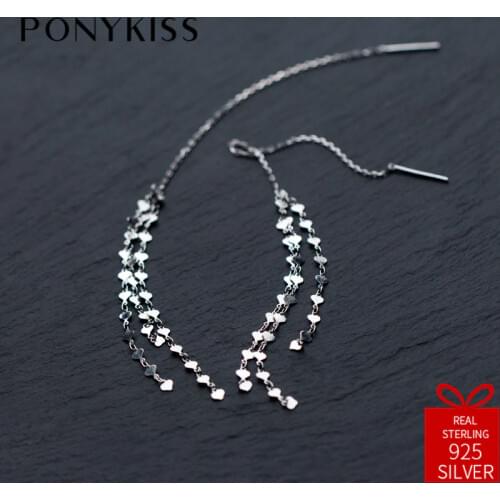PONYKISS Trendy Real 925 Sterling Silver Sweet Tassel Heart Dangle Drop Earrings Women Jewelry Cute Elegant Festival Party Gift