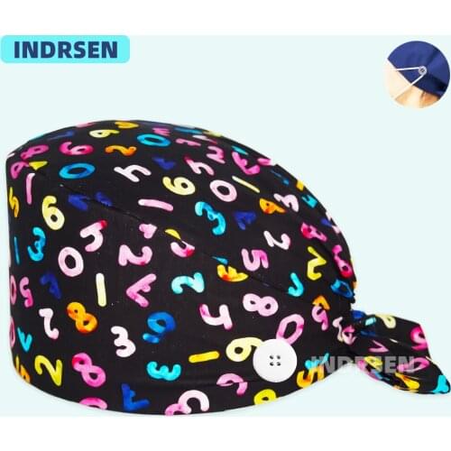 Cartoon Scrub Cap Anime Printed with Buttons Chef Lab Hat Daily cleaning Dustproof Pet Nursing Working Bouffant Caps Cotton