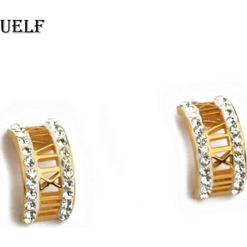 Uelf Cool Stainless Steel Stud Earrings For Women/n Roman numerals Pattern Gold Color Zirconia Earrings