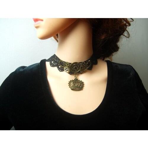 Vintage Gothic Steampunk Crown Pendant Black Lace Gears Necklace Handmade Retro Collar for Party Cosplay