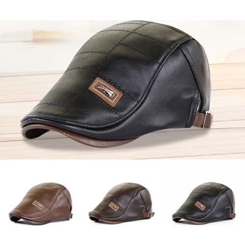 PU Beret Vintage French Flat Cap Adjustable Strap Buckle Newsboy Cabbie Drivers Hat for Winter Driving Hunting XIN-Shipping