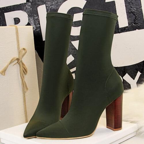 2020 New Women Stretch Sock Boots Chunky Block Heels High Heels Spring Autumn Sexy High-Heeled Boots Pointed Womens Boots