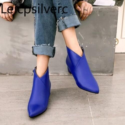Womens Boots winter new style Solid Pointed zipper Thick heel mid heel Womens short Boots plus size 34-44