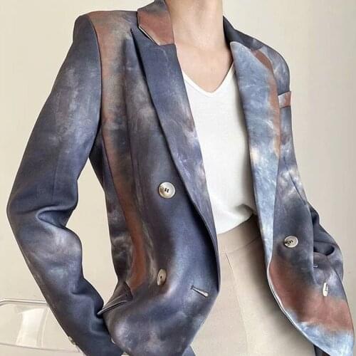 Vintage Loose Tie-dye Double-breasted Blazers Korean Women Fashion Spring Autumn Casual Turndown Collar Long Sleeve Suit Jacket