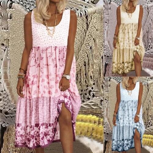 Women Summer Strap Dress Printing Pink Loose Fashion Maxi Dresses Female Plus Size Dress Ound Neck Sleeveless Vestido Feminino