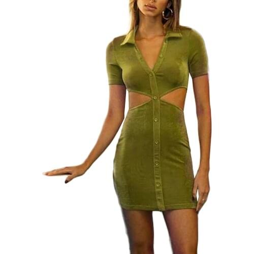 Female Dress, Solid Color Turn-Down Collar Short Sleeve Package Hip 1pc for Summer, Pink/Green/Black/Blue