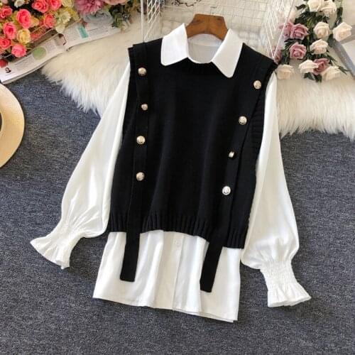 WWENN Two Piece Knitted Sweater Vest Women Plus Size Pullover Fashion Sleeveless O-Neck Korean Female Waistcoat Sweater Short