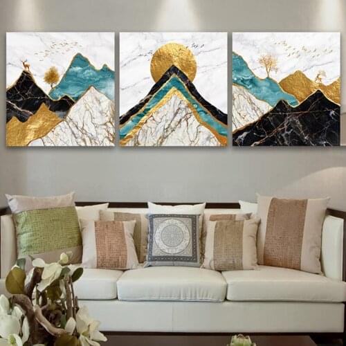 Golden Classical Luxury Canvas Painting Nordic Home Decor Wall Art Abstract Mountain Scenery Poster and Print for Living Room