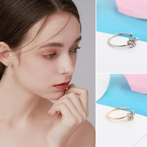 1pc Flower Small Thin Rhinestone Nose Ring Gold Sliver Hoop Nail Jewelry Crystal Piercing Fake Studs Body Faux Girls Clip S V9B6