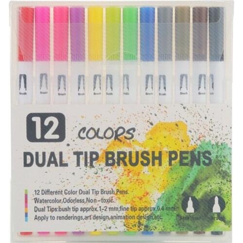 12 Colors Marker Liner Drawing Watercolor Marker Pens Twin Head Brush Pen Painting Art Supplies