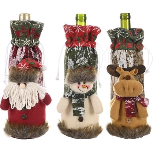 2021 New Knitted imitation bark wine bag Christmas Wine Bottle Set Snowman Champagne Bottle Cover Christmas Home Decoration