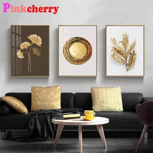DIY Diamond Painting 3 Panels Golden Leaves 5D Diamonds Embroidery Triptych Painting Rhinestone round Drill