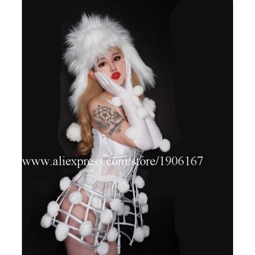 White Catwalk Model Show Ballroom Costumes Modern Dance Team Clothes Halloween Stage Performance Party Event Sexy Lady Dress Hat