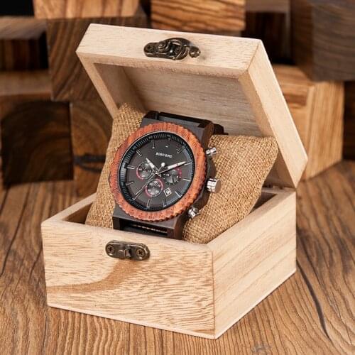 BOBO BIRD Luxury Wood Mens Watch 51mm Top Brand Quartz Wristwatch Timepieces Cloks Gift Wooden Watch Box Herrenuhr Erkek izle
