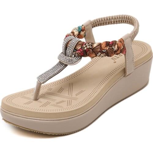 Summer Med Heels Ethnic Style Womens Shoes Beach Seaside Bohemian Slope Rhinestone Floral Cloth Large Size Woven Sandals