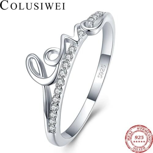 COLUSIWEI Vintage 925 Sterling Silver Shining Clear CZ Letter Love Rings for Women Wife Wedding Engagemnt Bands Promise Jewelry