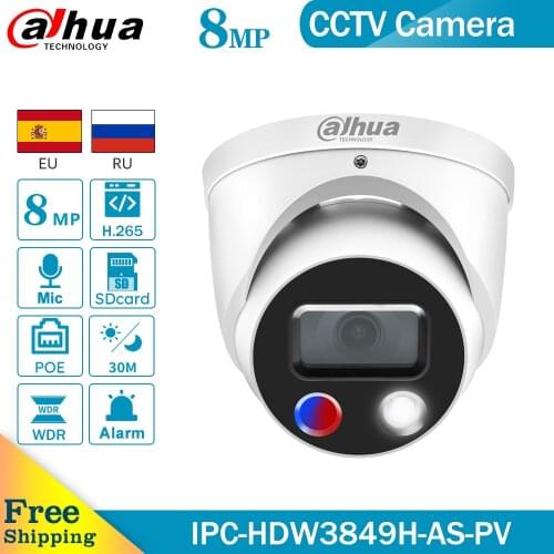 Dahua8MP Full-Color WizSense Active Deterrence IPC-HDW3849H-AS-PV IP Camrea Built-in mic Supports sound and light alarm linkage