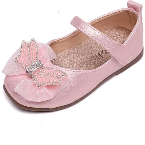 Children Flats for Toddlers Girls Kids Dress Shoes for Party Wedding Princess Sweet Butterfly-knot with Pearls Beaded Leather