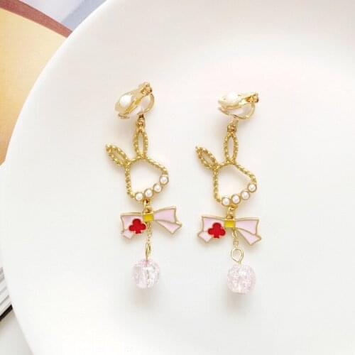 Statement Pink Bowknot No Pierced Clip Earrings Women Crystal Hollowed Animal Rabbit Clip on Earrings with Pearl Butterfly Tie