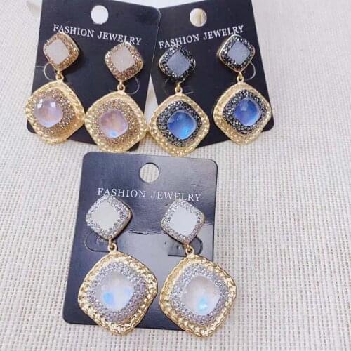 Rhinestone Druzy Stud Spectrolite long earrings Fashion Hot Sell Natural Gem Earring 24K Gold Dangle Earring 1Pairs