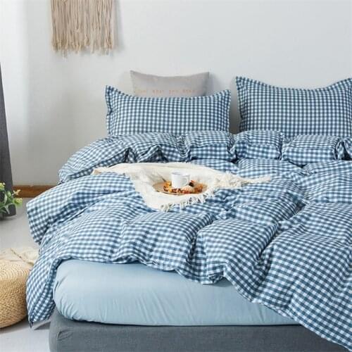 Bed Home Textile 4IN1 3IN1 Duvet Cover with Bed Linen Pillowcase Pink Blue Black Grid Striped Washed Cotton Bedsheet Quilt Cover
