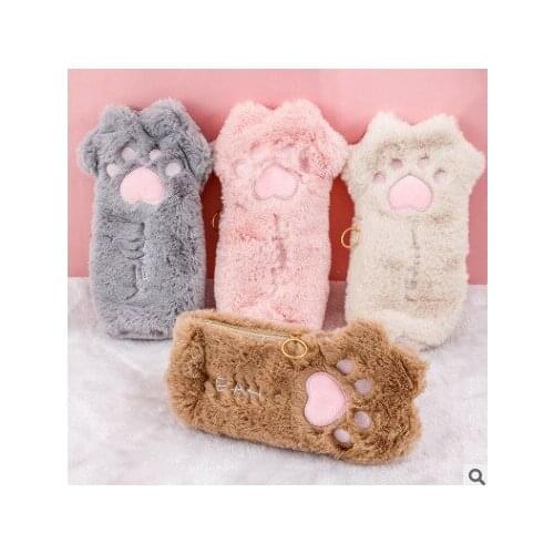 Cute Plush Cat Claw Pencil Case Girl Cartoon Cosmetic Bag Student Storage Bag Coin Purse Pencil Case Office Pencil Case
