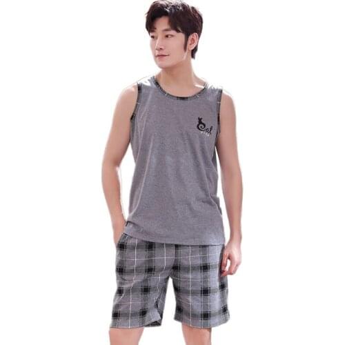 Gray vest tops + plaid short pants pajama sets for men plus size L-4XL sleepwear summer male Large sleeveless 100%cotton pyjamas