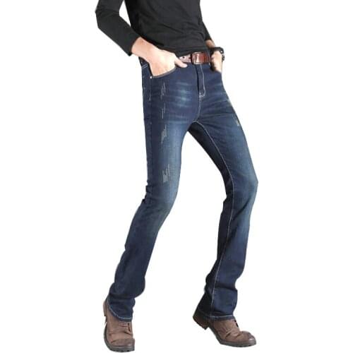 Mens Business Casual Jeans Men Mid Waist Elastic Slim Boot Cut Semi-flared Pants Trousers Bell Bottom Jeans Man