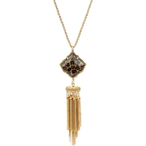 2021 New Four Claw Quadrilateral Glitter Cheetah Multicolor 3D Faceted Marble Glass Stone Big Tassel Necklace Pendants for Women