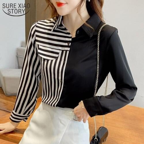 2021 New Korean Long Sleeve Womens Shirts Striped Spilcing Lapel Blouse Women Early Autumn Fashion Top Female Mujer 11703