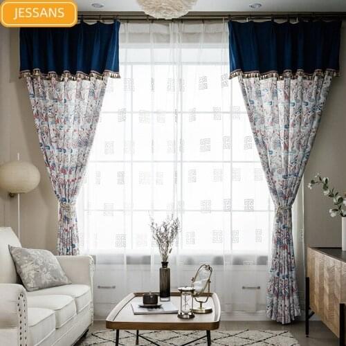 New Chinese Mandarin Duck Imitation Cotton and Linen Printed Lace Stitching Curtains for Living Room Bedroom Custom Valance