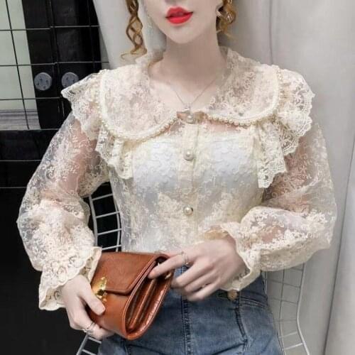 2021 spring and summer fashion new mesh doll collar long-sleeved shirt Western-style ruffled hollow lace temperament casual top