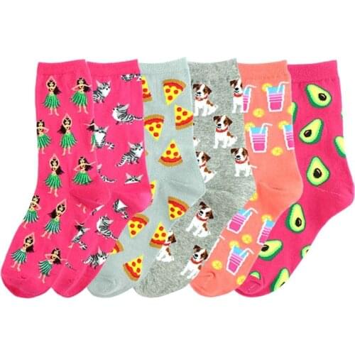 New fashion creative combed cotton ladies food pizza avocado beverage Harajuku cartoon animal dog crew funny happy socks