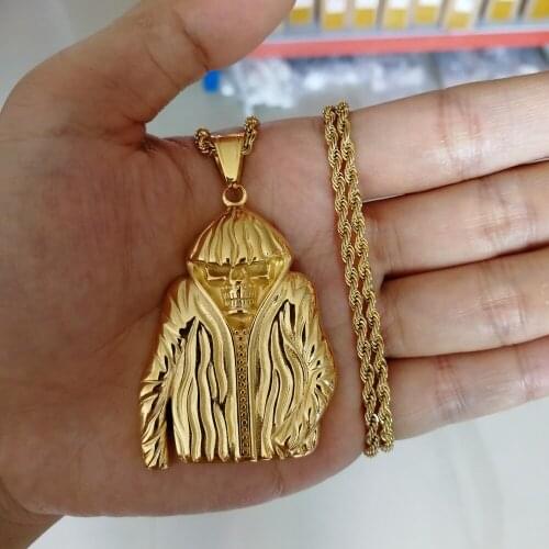 New fashion charm bling Stainless Steel Jewelry Hip Hop Skull Skeleton in Coat Pendant Necklace Jewelry 24inch Rope chain