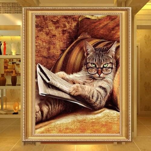New Diy 5D Needlework Glasses Cat Lying On The Sofa Read Newspaper Diamond Painting Mosaic Diamond Embroidery Home Decoration