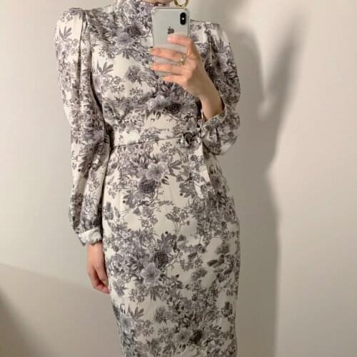 Autumn New High-End Temperament Chic Stand Collar Design Sense Lace Up Waist Positioning Broken Flower Fashion Elegant Dress