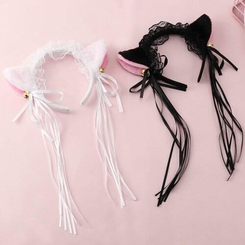Cat Ears Fashion Hair Hoop Cloth Women Girls Headband Ruffles Lace Lolita Style 2Color for Cosplay 1Pcs