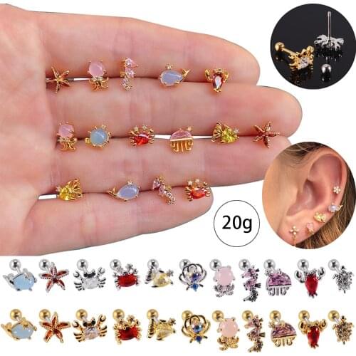 1Pc 20gX6mm Mini Ear Stud Ocean Series Fishes Earrings for Women Helix Piercing Earrings Tragus Cartilage Studs Body Jewelry