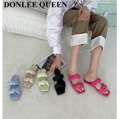 2021 Fashion Weave Slippers Women Flat Casual Slides Sandal Ladies House Outdoor Beach Lady Shoes Woman Soft Slippers Flip Flops
