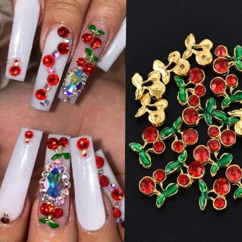 10pcs/lot Sweet Cherry Alloy Nail Art Rhinestones 3D Nail Jewelry Studs Decoration Red Gold Charm Accessories For Nails Design