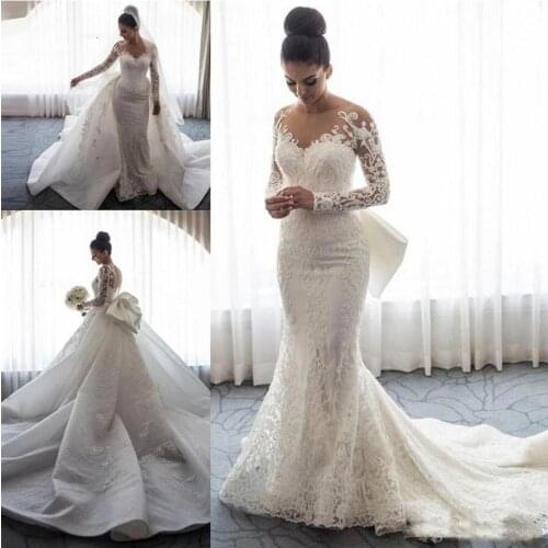 Mermaid Wedding Dresses Sheer Neck Long Sleeves Illusion Full Lace Applique Bow Overskirts Button Back Chapel Train Gowns Formal