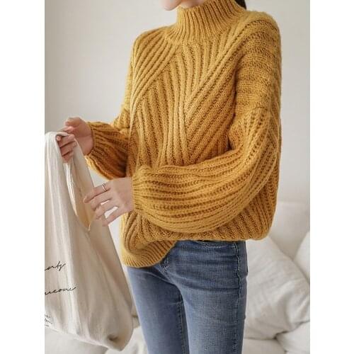 Half high neck sweater womens Pullover autumn and winter new Korean version loose thickened Lantern Sleeve coarse wool net red