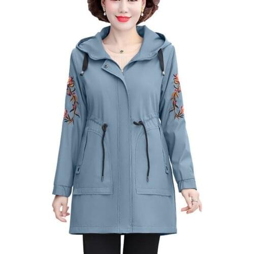 Women Trench Coat Spring Autumn Thin Embroidered Female Overcoat Middle Aged Mother Hooded Windbreaker 5XL