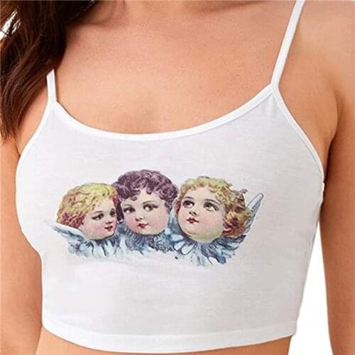 Womens Sexy Camisole Cute Cherub Print Spaghetti Strap Backless Crop Cami Tops