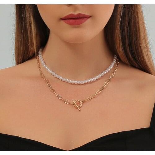 Ladies Multilayer Round Simulated Pearl Beads Gold Link Chains Necklaces OT Buckle Clavicle Chain for Women Neck Jewelry